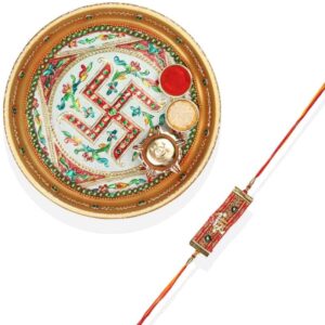 Gift Set of 3 with Religious Sri Inscribed Rakhi, Swastik Thali & Greeting Card