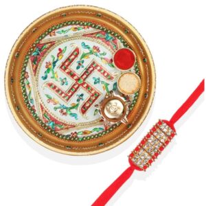 Gift Set of 3 with Rhinestone Rakhi, Swastik Thali & Greeting Card