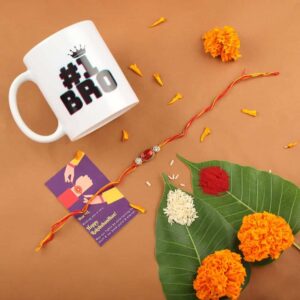 Gift Set of 3 with Rhinestones Studded Rakhi, Mug & Greeting Card