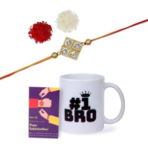 Gift Set of 3 with Rhinestones Studded Rakhi, Mug & Greeting Card