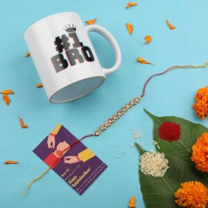 Gift Set of 3 with Rhinestones Studded Rakhi, Mug & Greeting Card