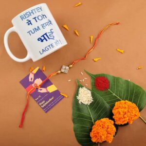 Gift Set of 3 with Rhinestones Studded Rakhi, Mug & Greeting Card