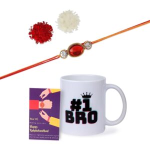 Gift Set of 3 with Rhinestones Studded Rakhi, Mug & Greeting Card