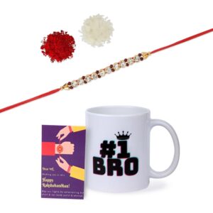 Gift Set of 3 with Rhinestones Studded Rakhi, Mug & Greeting Card