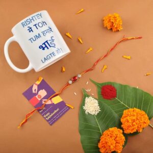 Gift Set of 3 with Rhinestones Studded Rakhi, Mug & Greeting Card