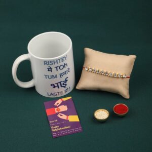 Gift Set of 3 with Rhinestones Studded Rakhi, Mug & Greeting Card