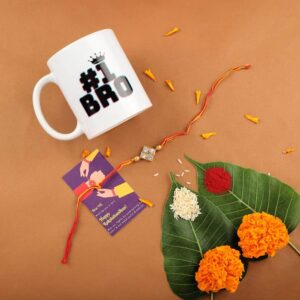 Gift Set of 3 with Rhinestones Studded Rakhi, Mug & Greeting Card