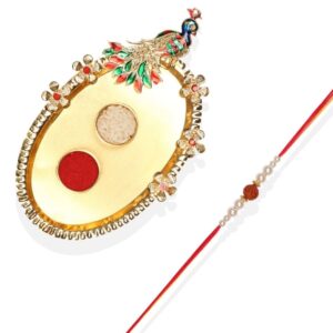 Gift Set of 3 with Rudraksh Rakhi, Peacock Thali & Greeting Card