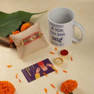 Gift Set of 3 with Sri Inscribed Rakhi, Mug & Greeting Card