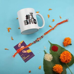 Gift Set of 3 with Swasthik Rakhi, Mug & Greeting Card