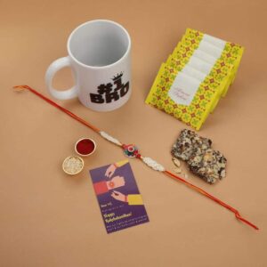 Gift Set of 4 Rakhi with Luxe Chocolates Pack of 8, No.1 Bro Mug & Greeting Card