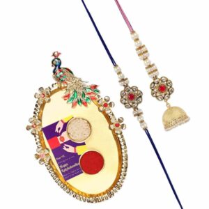 Gift Set of 4 with Bhaiya Bhabhi Kundan Rakhis, Peacock Thali & Greeting Card