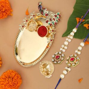 Gift Set of 4 with Bhaiya Bhabhi Kundan Rakhis, Peacock Thali & Greeting Card