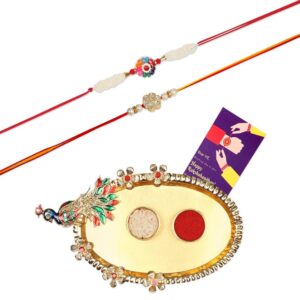 ACCESSHER Pearl Gift Set of 5 with Rakhis Pack of 2 for Beloved Brother with Acrylic Peacock Pooja Thali, Roli Kumkum Packets and Happy Rakshabandhan Card