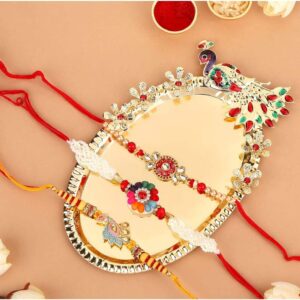 ACCESSHER Traditional Gift Set of 5 with Meenakari Rakhis Pack of 3 for Brother with Acrylic Peacock Pooja Thali, Roli Kumkum Packets and Happy Rakshabandhan Card