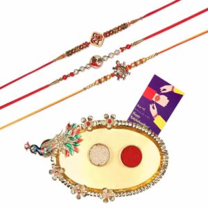 ACCESSHER GIFT SET OF 5 WITH RAKHIS PACK OF 3 PEACOCK DESIGN THALI AND GREATING CARD