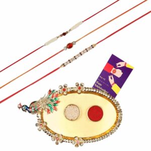 ACCESSHER Traditional Rhinestone & Rudraksh Rakhis Pack of 3 for Brother with Acrylic Peacock Pooja Thali, Roli Kumkum Packets and Happy Rakshabandhan Card