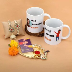 Gift Set of 6 with Bhaiya Bhabhi Rakhis, Swastik Thali, 2 Mugs & Greeting Card