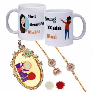 Gift Set of 6 with Bhaiya Bhabhi Rakhis, Swastik Thali, 2 Mugs & Greeting Card