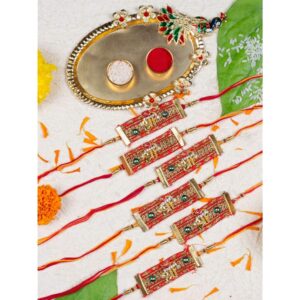 Gift Set of 8 with Religious Sri Inscribed Rakhi, Peacock Thali & Greeting Card
