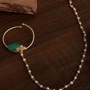 Traditional Gold Plated Emerald Green Stone Nose Ring With Chain for Women