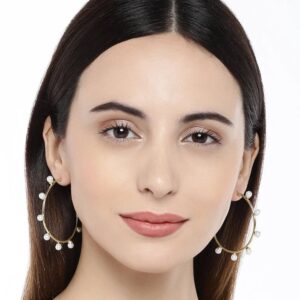Gold Plated Freshwater Pearls Embellished Contemporary Hoop Earrings for Women