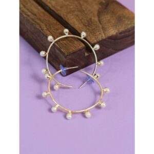 Gold Plated Freshwater Pearls Embellished Contemporary Hoop Earrings for Women