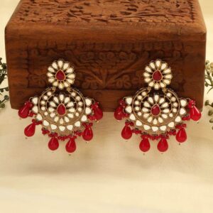 Gold Plated Handcut Mirrors Studded Statement Dangle Earrings with Pink Beads for Women