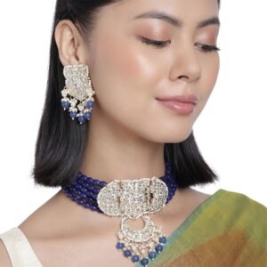 Gold Plated Kundan and Blue Beads Embellished Choker Set Women