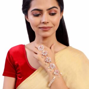 Gold Plated Kundan, Enamel & Pearl Studded Bracelet with Adjustable Finger Ring for Women