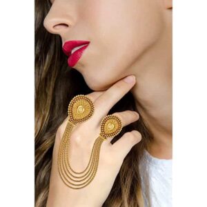 Gold Plated Kundan Studded Double Finger Ring for Women