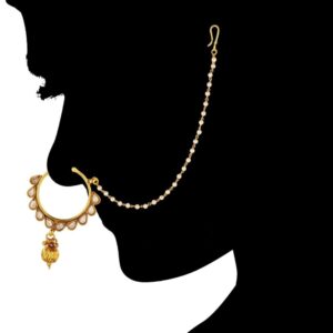 Antique Gold Plated Rhinestone Studded Nath/Nose Ring with Pearl Chain for Women