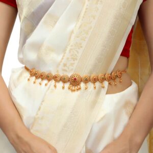 Gold Plated Red & Green Stones Studded Waist Belt/Bridal Kamarbandh/Kamarpatta