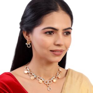 Gold Plated Rhinestones Studded Necklace & Earrings Set for Women