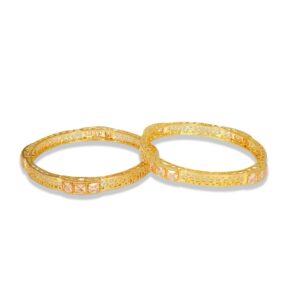 Gold Plating Filigree Bangles with Champagne Color Stone Set of 2 for Women