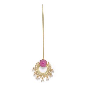 Matt Gold Plated Pink Stone and Pearl and Embellished Hair Stick for women