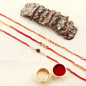 Multi Gift Set of  Delicate Rakhis Pack of 3 with Greeting Card