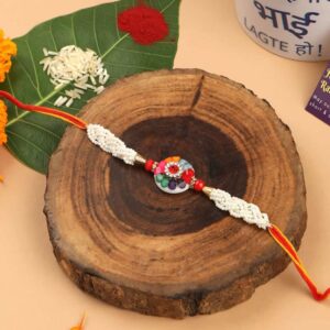 ACCESSHER Elegant & Stylish Multicolour Stones & Pearl Rakhi for Brother Pack of 2 with Roli Kumkum Packets and Happy Rakshabandhan Card