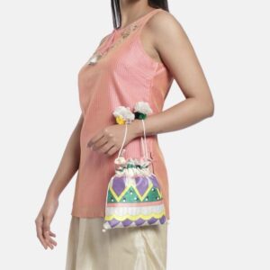 Off-White & Purple Printed Tasselled Boho Potli Clutch for women