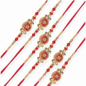 ACCESSHER Celebrate with Elegance Designer Enamel Pearl/Meenakari Rakhi for Brother – Pack of 6 with Roli, Rice, Kumkum Packets & Happy Raksha Bandhan Card