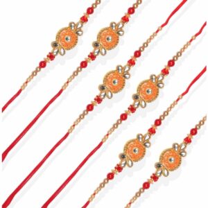 ACCESSHER Traditional Gold Plated Elegant and Stylish Enamel Rakhi for Beloved Brother Pack of 6 with Roli Kumkum Packets and Happy Rakshabandhan Card