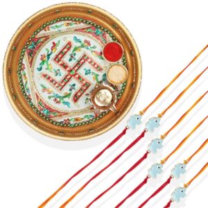 RK21TH1R23PK6 -AccessHer Elegant Rakhi Set with Acrylic Golden Pooja Thali, Roli Kumkum for Brother Pack Of 6