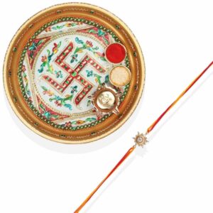 RK21TH1R24 -AccessHer Elegant Rakhi Set with Acrylic Golden Pooja Thali, Roli Kumkum for Brother