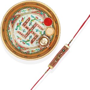 RK21TH1R25 -AccessHer Elegant Rakhi Set with Acrylic Golden Pooja Thali, Roli Kumkum for Brother