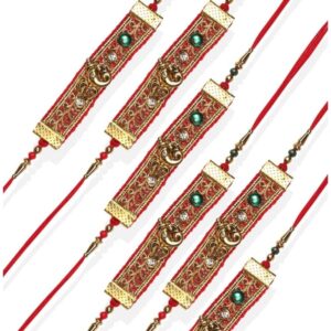 RK21TH1R25PK6 -AccessHer Elegant Rakhi Set with Acrylic Golden Pooja Thali, Roli Kumkum for Brother Pack Of 6