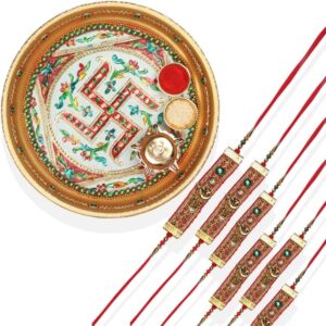 RK21TH1R25PK6 -AccessHer Elegant Rakhi Set with Acrylic Golden Pooja Thali, Roli Kumkum for Brother Pack Of 6