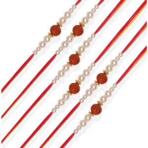 RK21TH1R26PK6 -AccessHer Elegant Rakhi Set with Acrylic Golden Pooja Thali, Roli Kumkum for Brother Pack Of 6