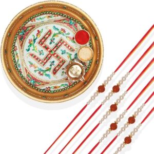 RK21TH1R26PK6 -AccessHer Elegant Rakhi Set with Acrylic Golden Pooja Thali, Roli Kumkum for Brother Pack Of 6