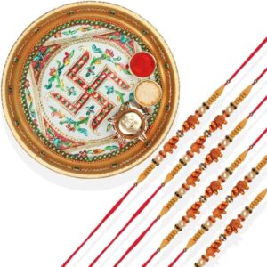 RK21TH1R27PK6 -AccessHer Elegant Rakhi Set with Acrylic Golden Pooja Thali, Roli Kumkum for Brother Pack Of 6