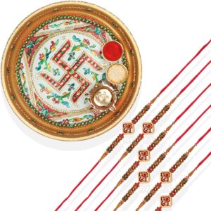 RK21TH1R28PK6 -AccessHer Elegant Rakhi Set with Acrylic Golden Pooja Thali, Roli Kumkum for Brother Pack Of 6